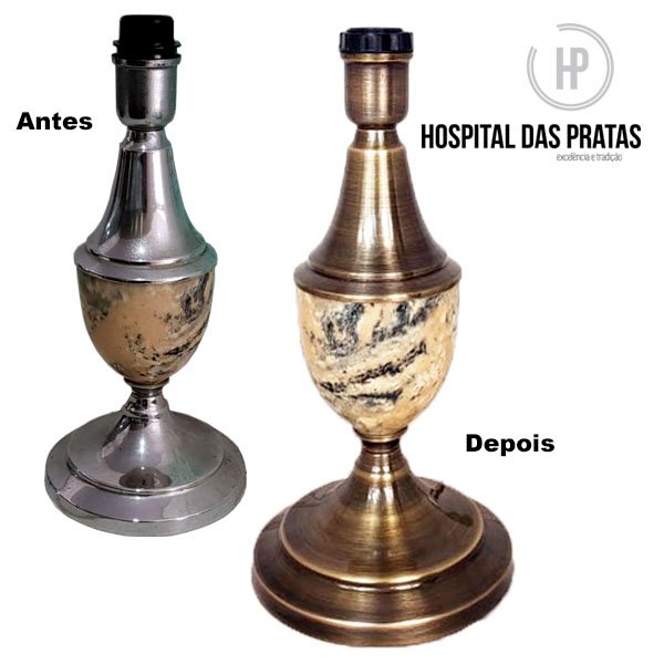 Abajur bronze velho antes e depois da restauração