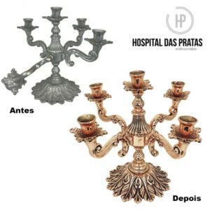 Candelabro cobre ante e após banho de cobre