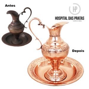 Jarra e bacia cobre xiv antes e depois da restauração