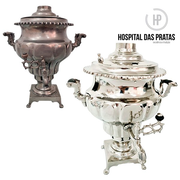 Samovar níquel restaurado antes e depois da restauração